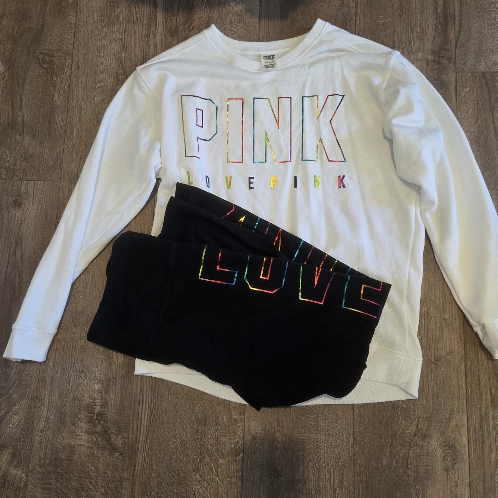 White & Black Victorias Secret PINK Set Rainbow Metallic Sweatshirt L Leggings L